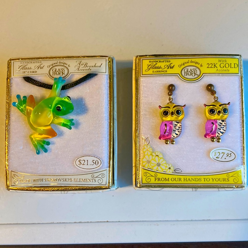 Frog necklace, and Owl earrings.